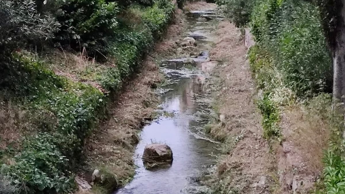 Operarios del Ayuntamiento de Cuenca realizando la limpieza del cauce del Río Huécar en el centro de la ciudad