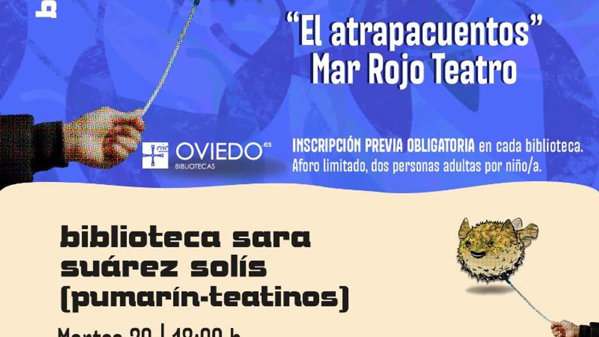 Cartel del cuentacuentos 'El atrapacuentos' de Mar Rojo Teatro en la Biblioteca Sara Suárez Solís de Oviedo