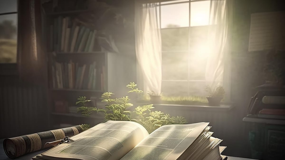 Composición artística con libro abierto sobre mesa de madera iluminada por luz natural