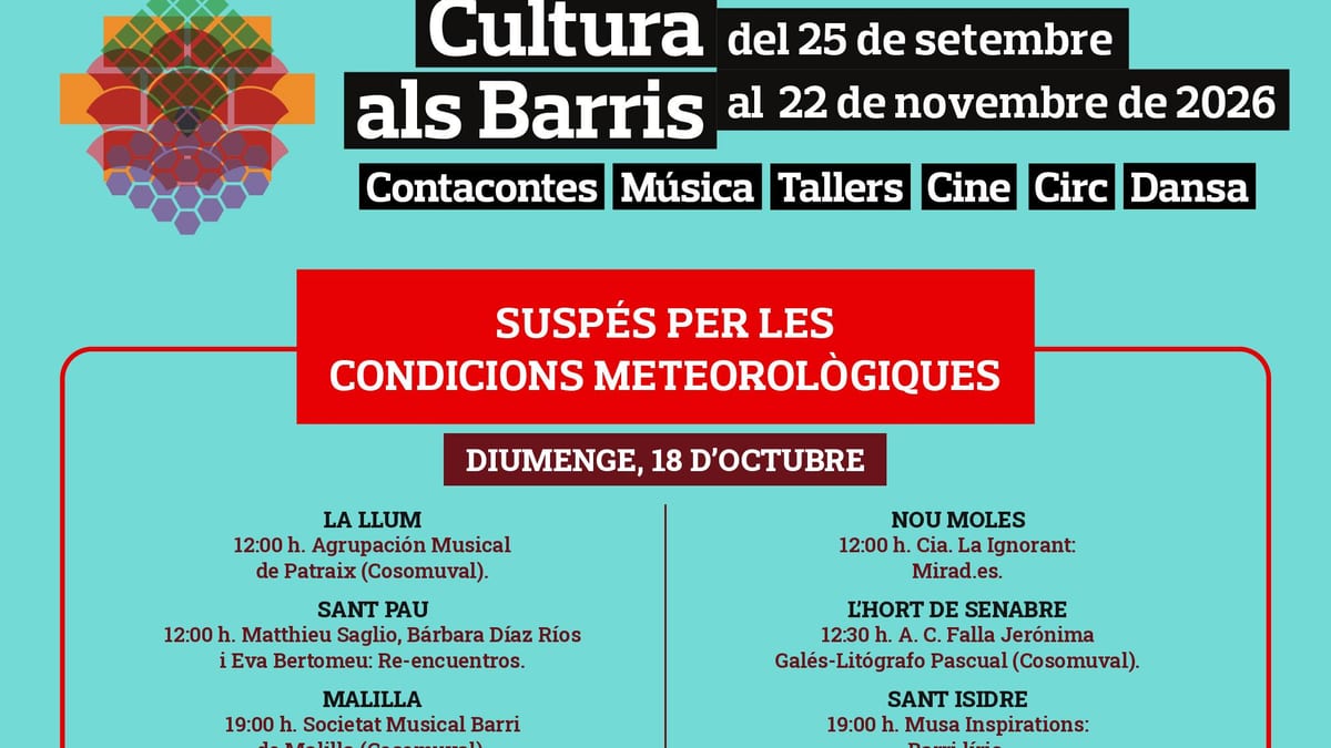 Cartel de cancelación de actividades Cultura als Barris del Ayuntamiento de València