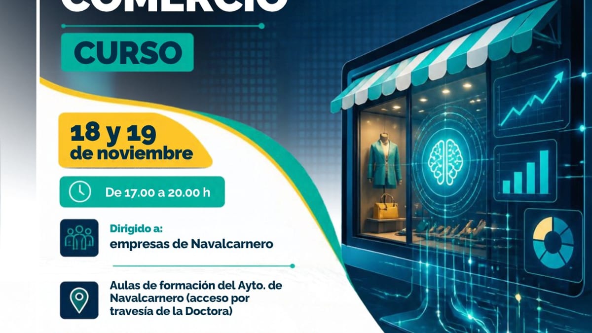 Cartel del curso de Inteligencia Artificial aplicada al comercio de Navalcarnero, 18 y 19 de noviembre de 17 a 20 horas