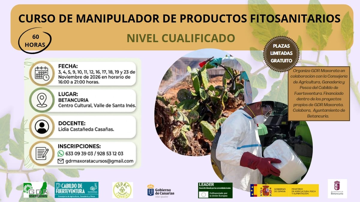 Cartel del curso de Manipulador de Productos Fitosanitarios de Nivel Cualificado organizado por GDR Maxorata en Betancuria