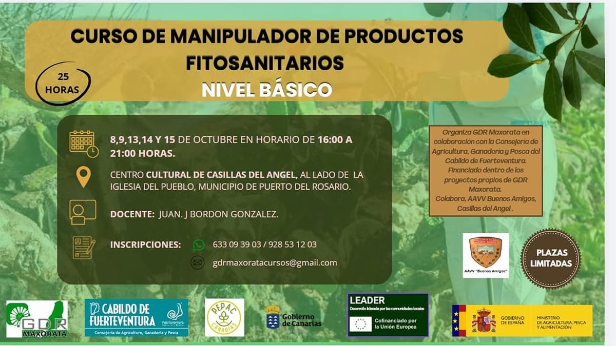 Cartel del curso de manipulador de productos fitosanitarios nivel básico organizado por GDR Maxorata en Casillas del Ángel, Fuerteventura
