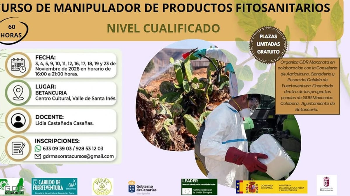 Cartel informativo de los cursos de Manipulador de Productos Fitosanitarios y Bienestar Animal organizados por GDR Maxorata Verde en Fuerteventura