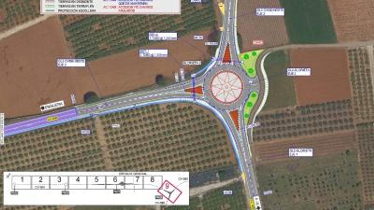 Mapa del proyecto de mejora de la CV-590 entre Enguera y Anna con indicación de glorietas y modificaciones de infraestructura viaria