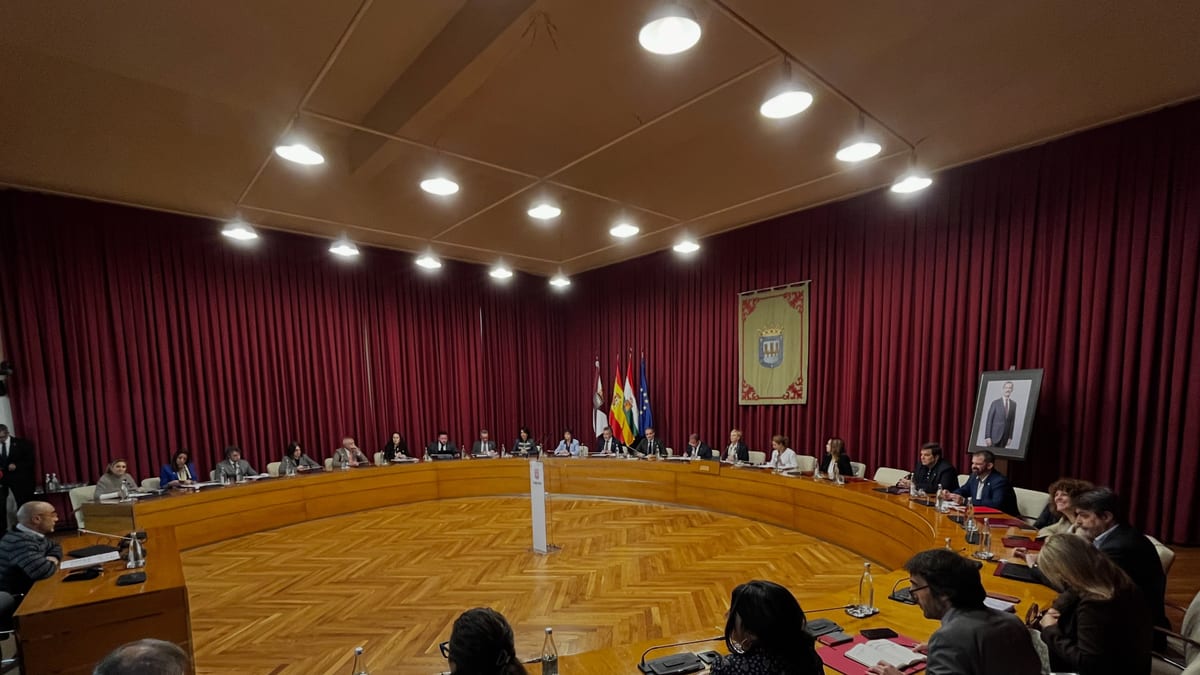 Sala de plenos del Ayuntamiento de Logroño durante la sesión del Debate Ciudadano, con mesa semicircular de madera, banderas españolas y europeas, y representantes municipales