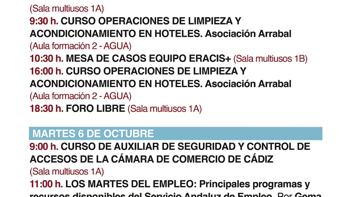 Cartel de agenda semanal de los Depósitos de Cádiz con actividades, cursos y eventos del lunes 5 y martes 6 de octubre