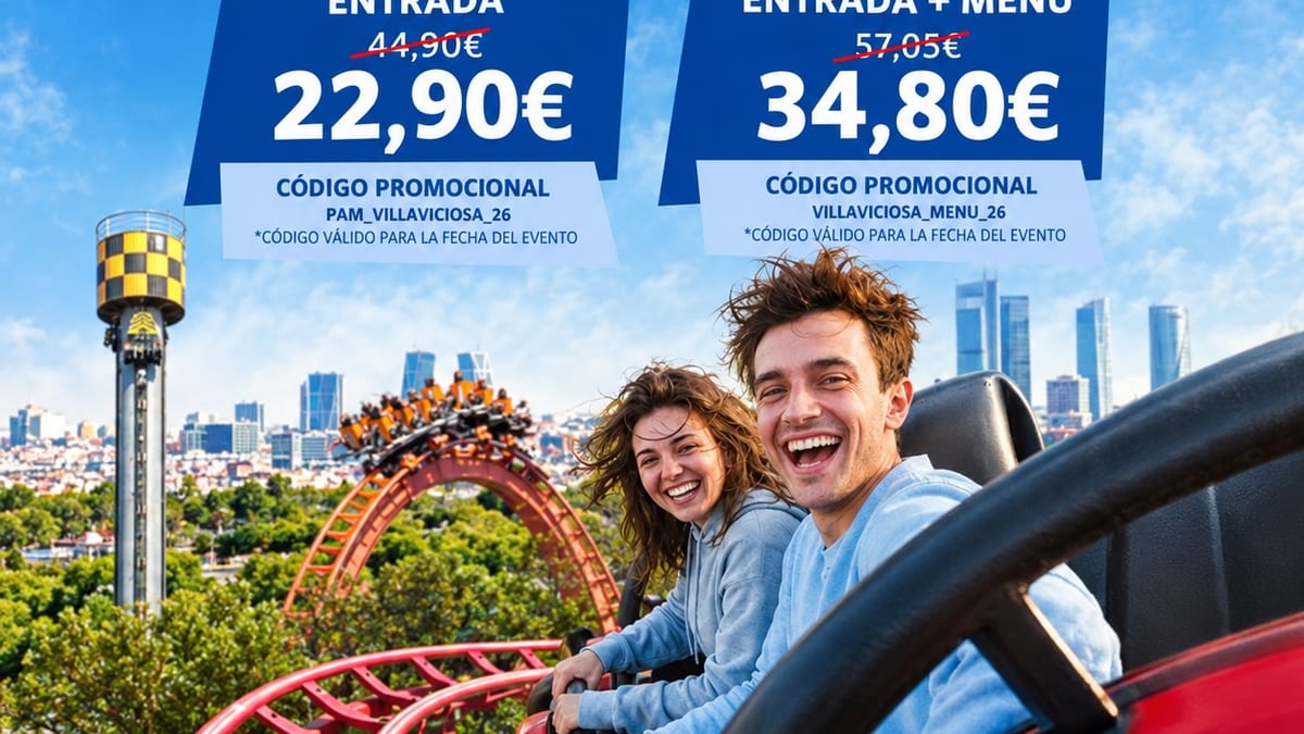 Cartel promocional de descuentos en el Parque de Atracciones de Madrid para vecinos de Villaviciosa de Odón
