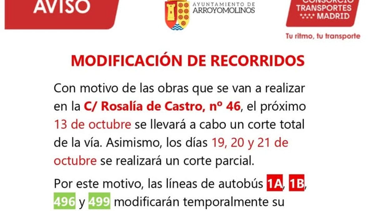 Cartel informativo del Ayuntamiento de Arroyomolinos sobre modificación de recorridos de autobús por obras en Rosalía de Castro