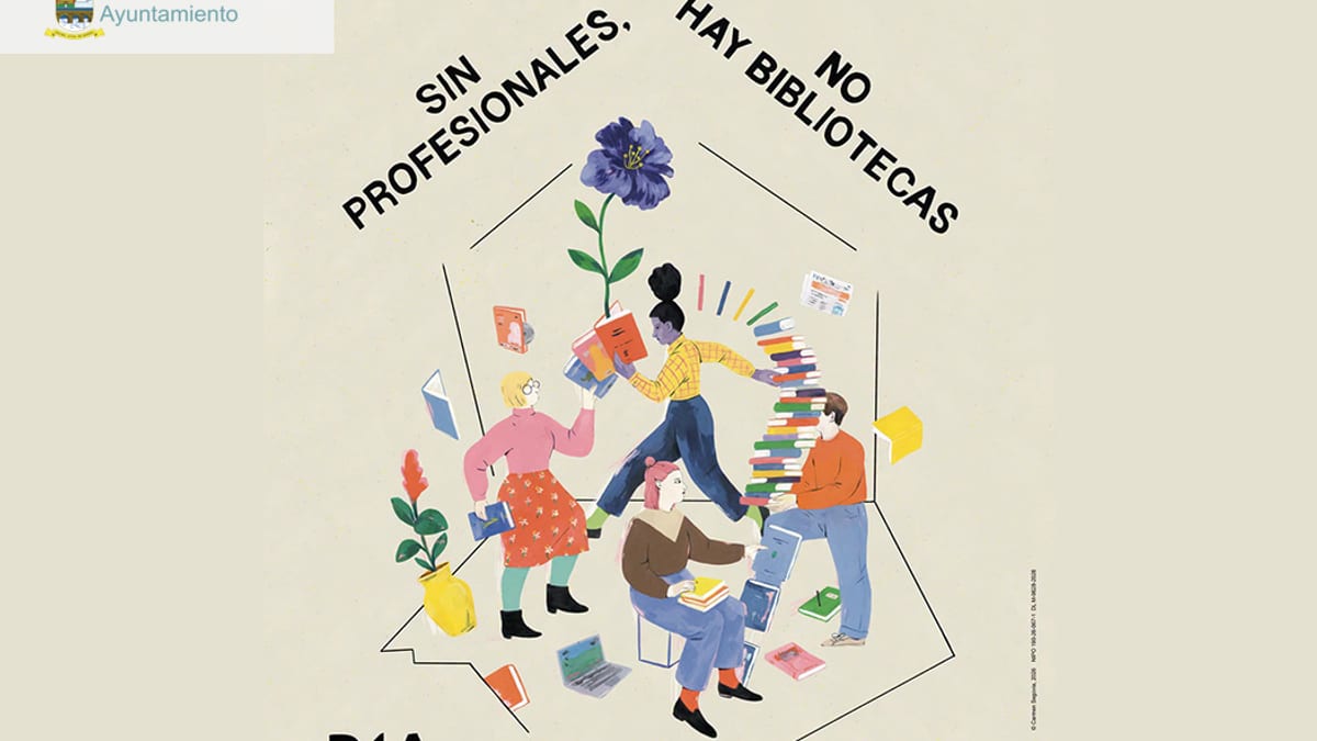 Cartel del Día de las Bibliotecas 2024 con el lema 'Sin profesionales, no hay bibliotecas', ilustrado por Carmen Segovia