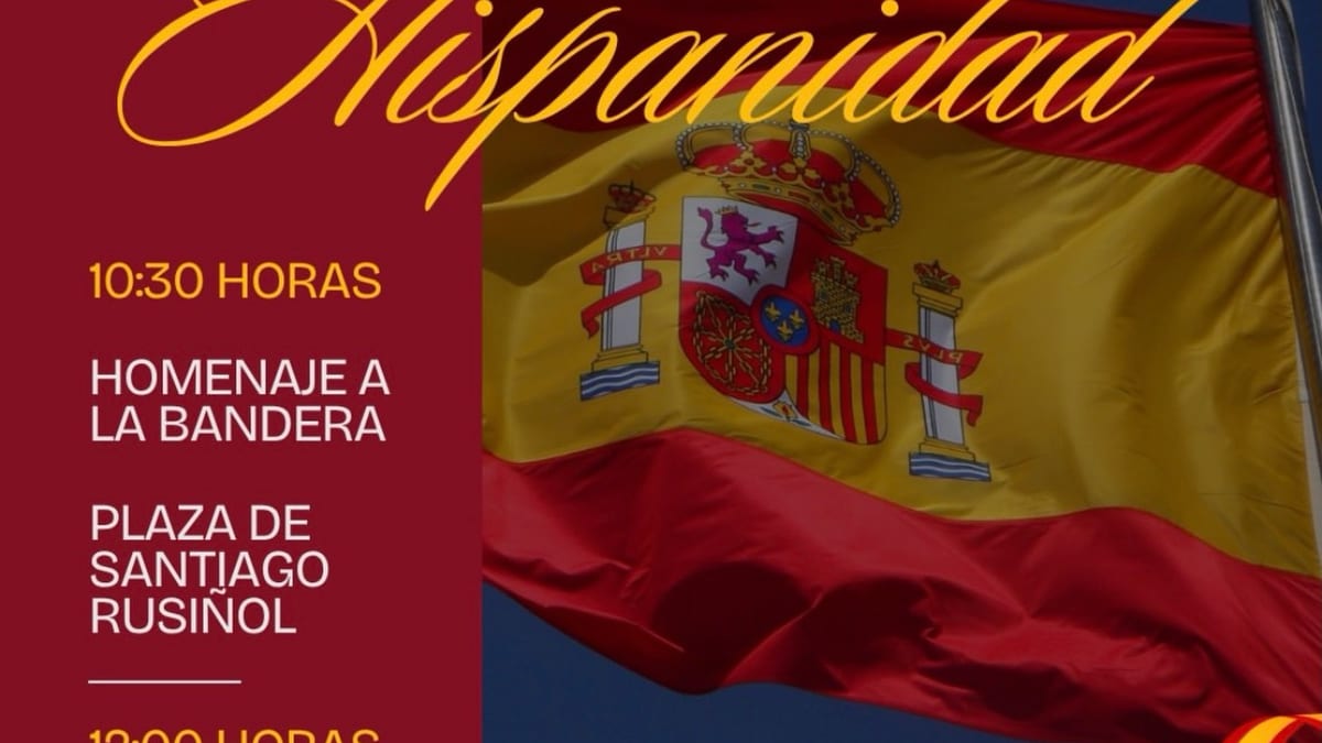 Cartel del Día de la Hispanidad en Aranjuez del 12 de octubre con horarios de actos: homenaje a la Bandera a las 10:30 h en plaza de Santiago Rusiñol y misa a las 12:00 h en iglesia de San Antonio