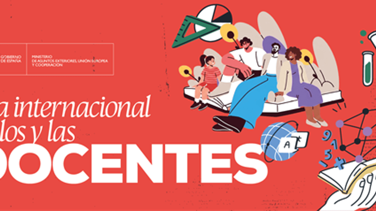 Cartel del Día Mundial de las y los Docentes con texto en español sobre el reconocimiento a la labor educativa