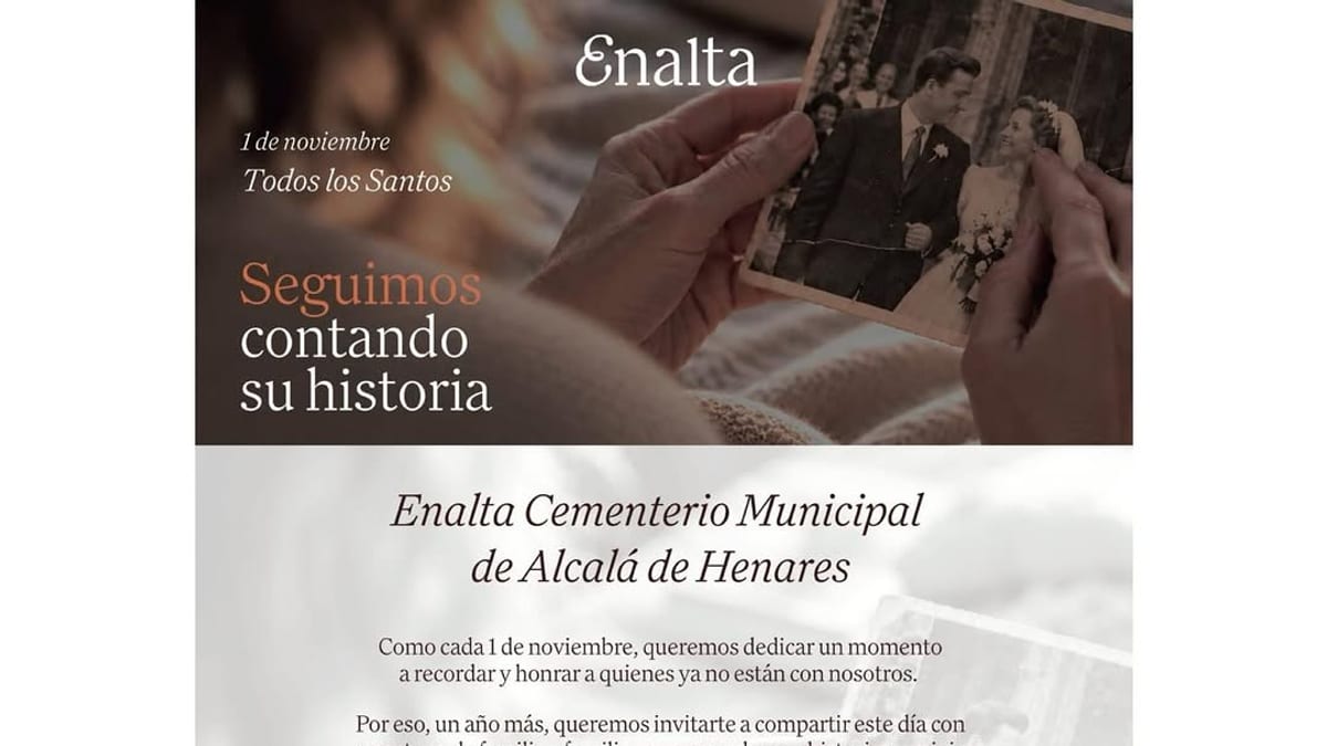 Cartel informativo del Día de Todos los Santos en el Cementerio Municipal de Alcalá de Henares con programación de actividades del 1 de noviembre