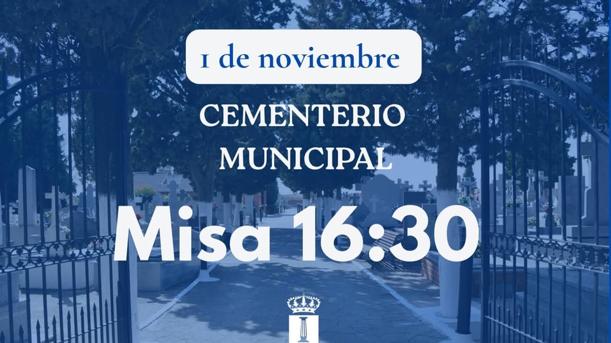 Cartel informativo del Día de Todos los Santos en el Cementerio Municipal de Humanes de Madrid, con horarios de apertura y misa a las 16:30