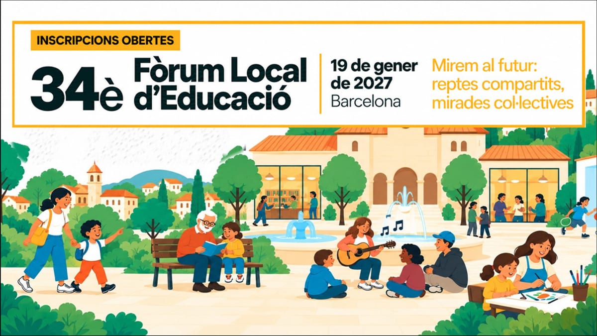 Cartel del 34º Fórum Local d'Educació con información de inscripciones abiertas para el 19 de enero de 2027 en Barcelona