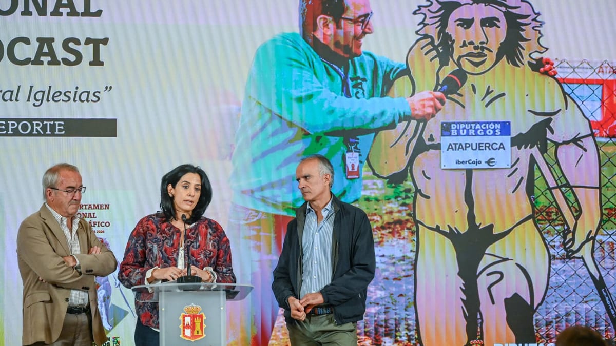 Cartel del I Certamen Nacional de Pódcast Sergio Corral Iglesias sobre Atapuerca y el Deporte convocado por la Diputación de Burgos