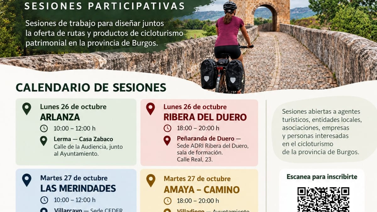 Cartel del Plan Director de Cicloturismo de la Provincia de Burgos con calendario de sesiones participativas en seis comarcas