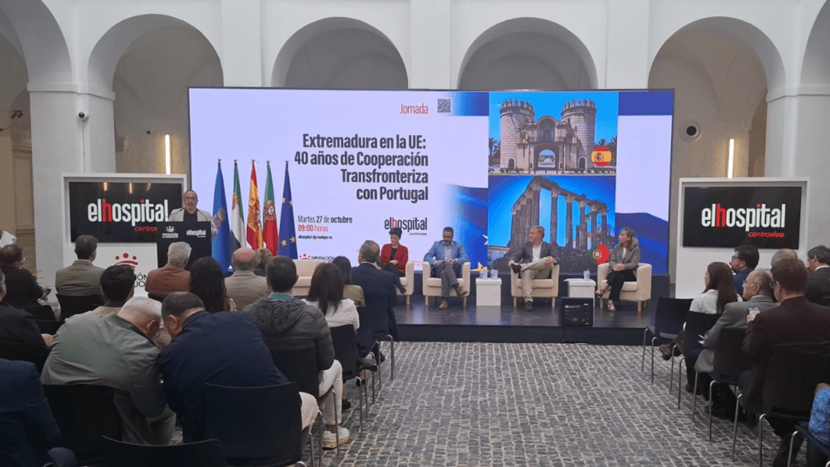 Cartel de la jornada Extremadura en la Unión Europea conmemorando 40 años de cooperación transfronteriza con Portugal