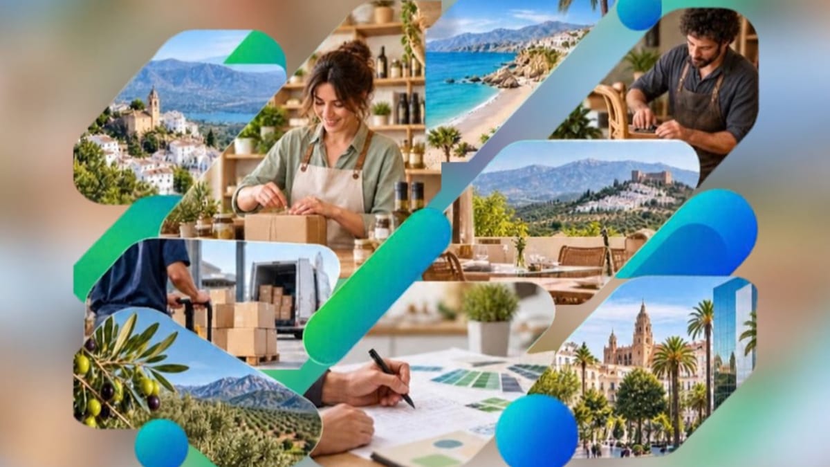 Cartel de formación gratuita en Inteligencia Artificial de Andalucía Emprende con formas geométricas en verde y azul