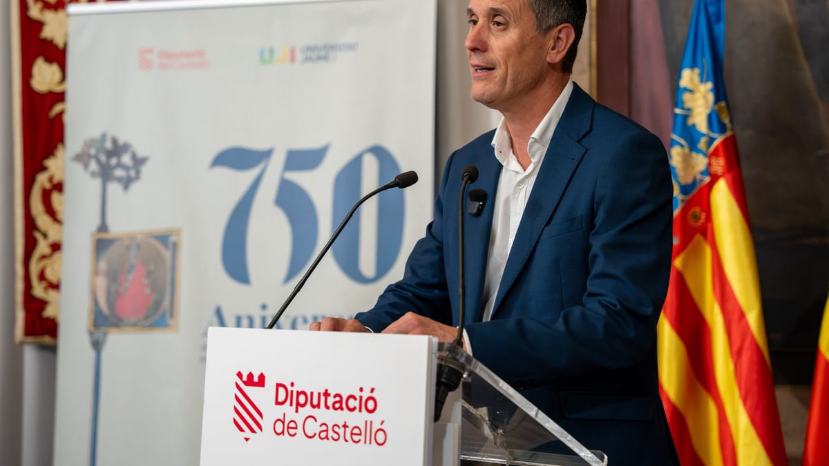 Cartel de las jornadas de estudio sobre Jaume I en el 750 aniversario de su muerte, organizadas por la Diputación de Castellón en el Palacio Provincial