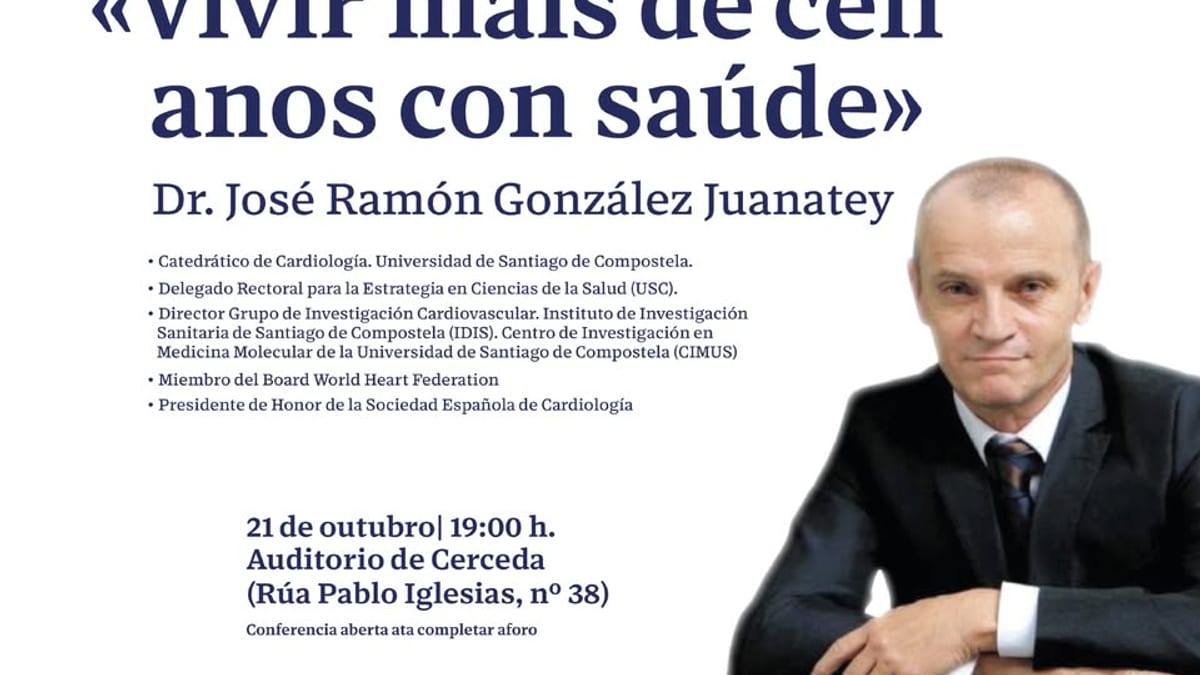 Cartel del ciclo de conferencias Vida Saudable e envellecement activo de la Diputación de A Coruña con el Dr. José Ramón González Juanatey en Cerceda