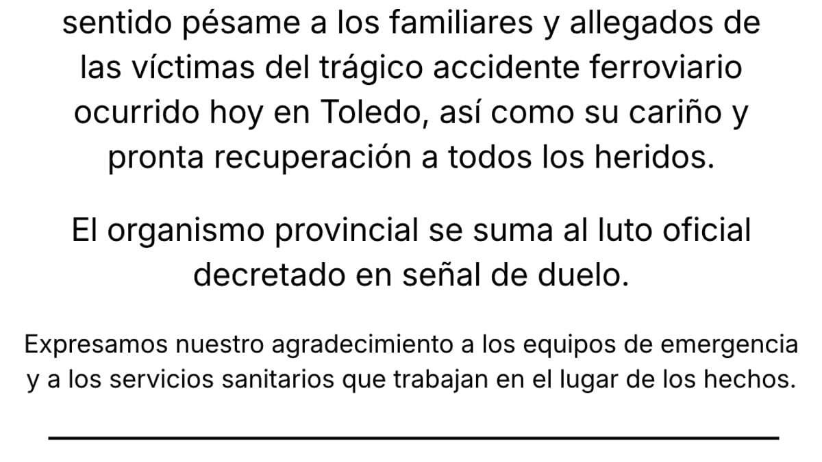 Comunicado de la Diputación de Málaga expresando pésame por el accidente ferroviario de Toledo
