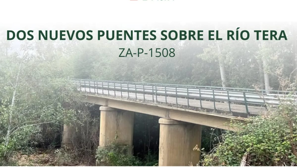 Cartel informativo sobre la adjudicación de los nuevos puentes sobre el río Tera en la carretera ZA-P-1508