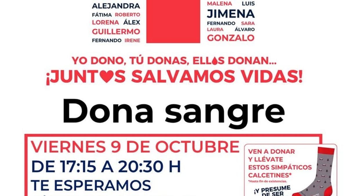 Cartel de la jornada de donación de sangre en Sevilla la Nueva del 9 de octubre con la inscripción 'Yo dono, tú donas, ellos donan… ¡Juntos salvamos vidas!' y la lista de nombres de donantes