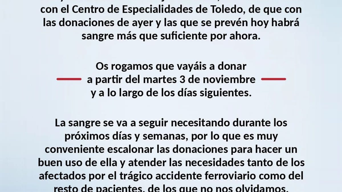 Cartel informativo del Ayuntamiento de Torrijos sobre donación de sangre con los datos de contacto y horarios escalonados