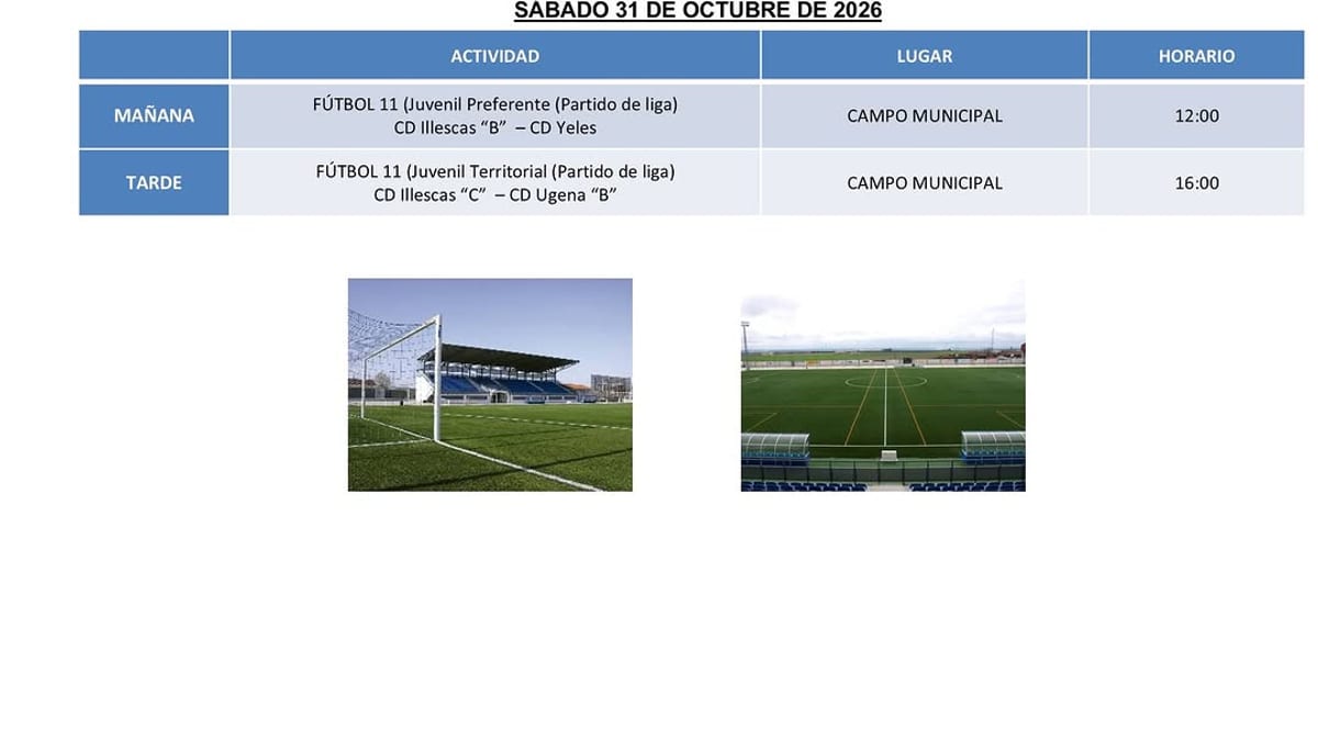 Cartel con la programación deportiva de Illescas para el sábado 31 de octubre, mostrando dos partidos de fútbol juvenil en el Campo Municipal
