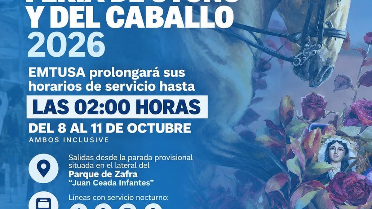 Cartel informativo EMTUSA sobre horarios ampliados para la Feria de Otoño y del Caballo 2026