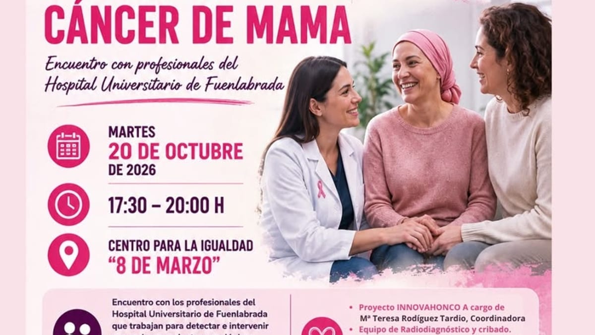 Cartel del encuentro 'Juntas contra el cáncer de mama' del 20 de octubre en Fuenlabrada, con información sobre profesionales del Hospital Universitario y actividad de encendido de luces rosas