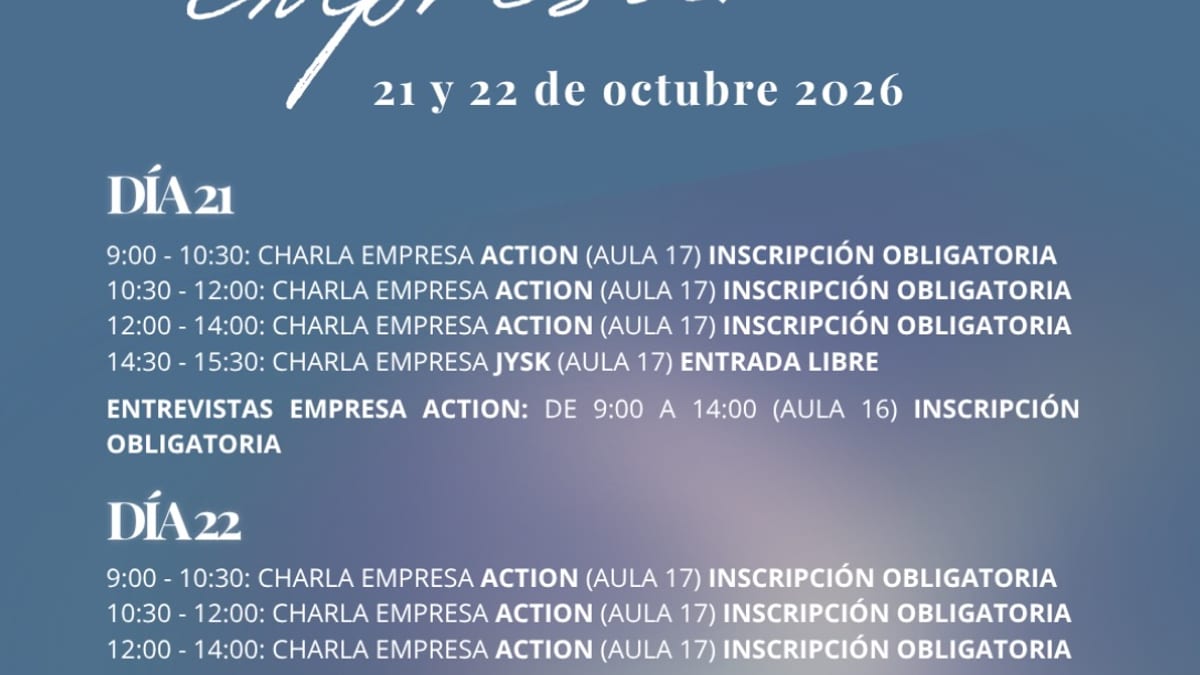 Cartel del encuentro empresarial ACTION y JYSK en Aranjuez para los días 21 y 22 de octubre de 2026 con horarios de charlas y entrevistas