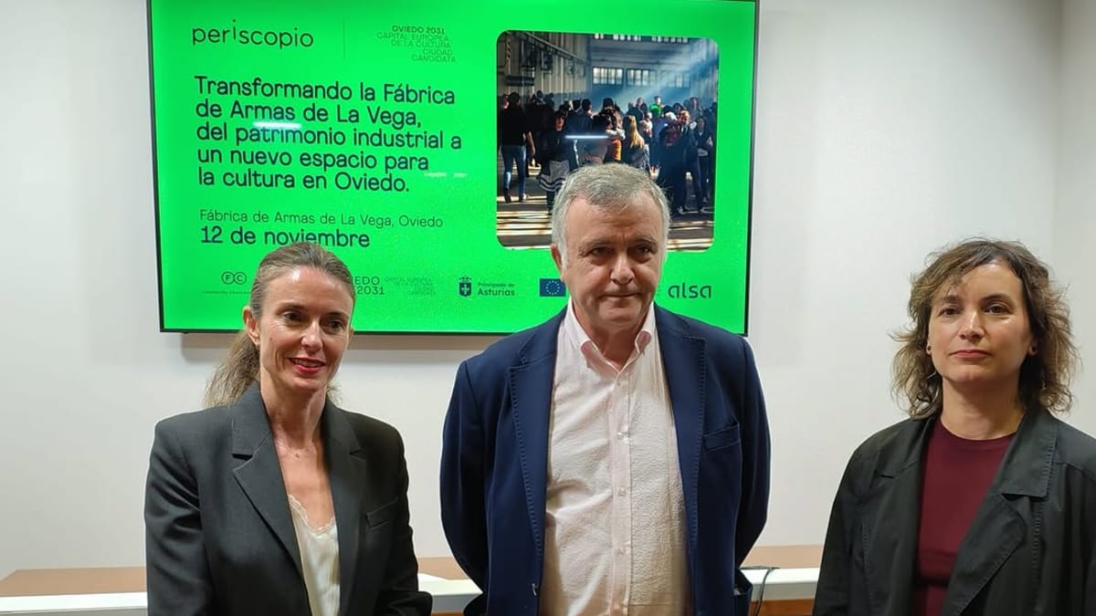 Cartel promocional de PERISCÓPIO Oviedo sobre transformación de la Fábrica de Armas de La Vega