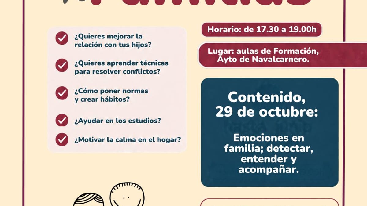 Cartel de la Escuela de Familias de Navalcarnero con horario, contenidos y datos de contacto