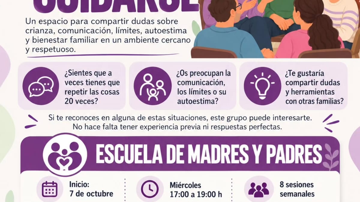 Cartel de la Escuela de Madres y Padres de Coslada 2026 con información sobre talleres de salud comunitaria en crianza y bienestar familiar