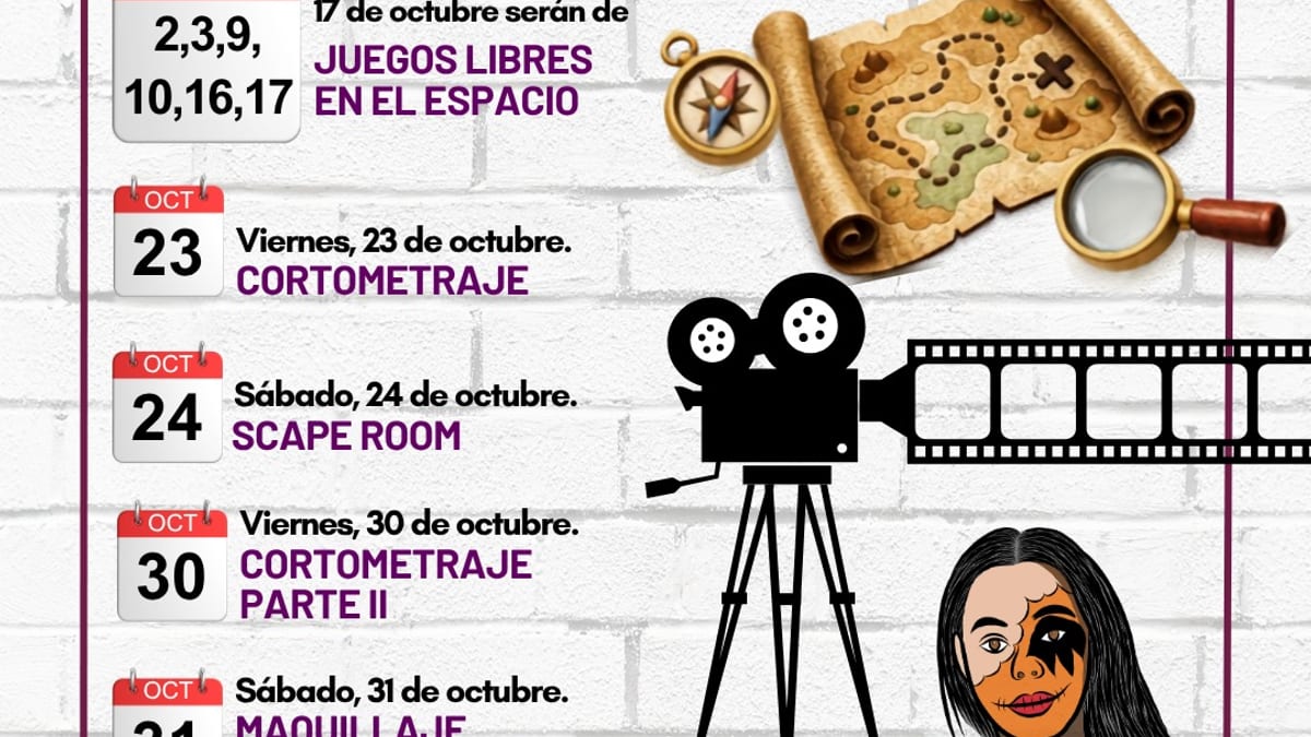 Cartel del Espacio Joven de Navalcarnero con programación de octubre: juegos libres, cortometrajes, escape room y maquillaje terrorífico