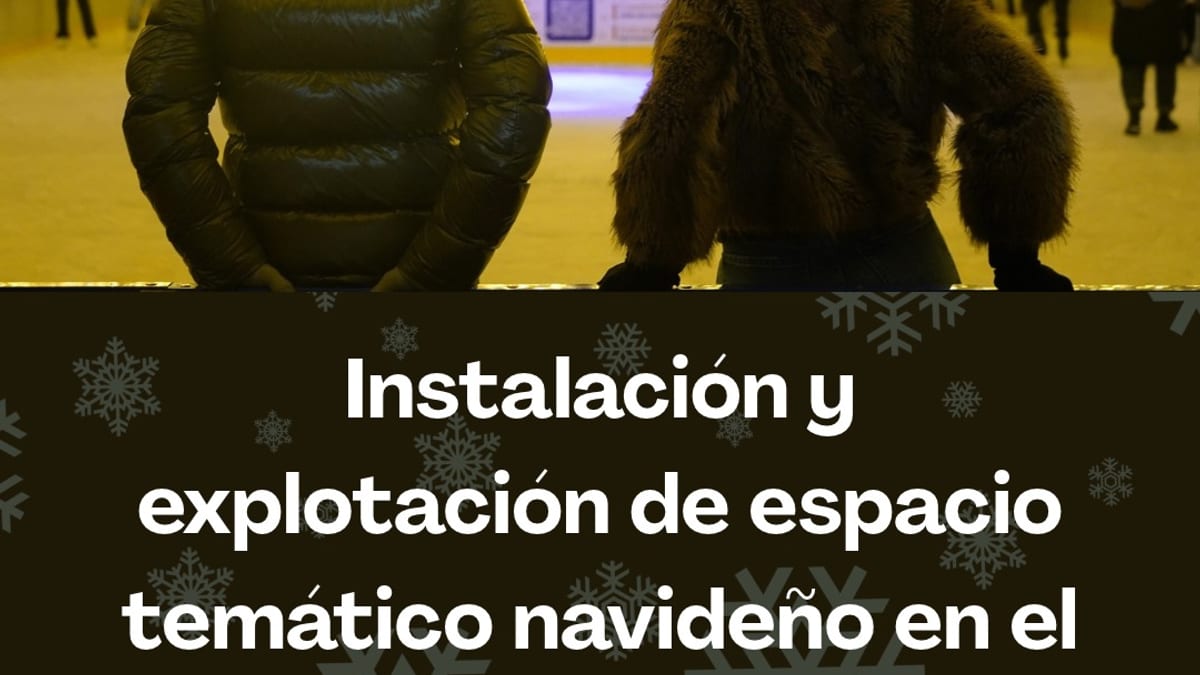 Cartel informativo sobre la convocatoria para espacio temático navideño en Campo San Francisco de Oviedo con pista de hielo y atracciones