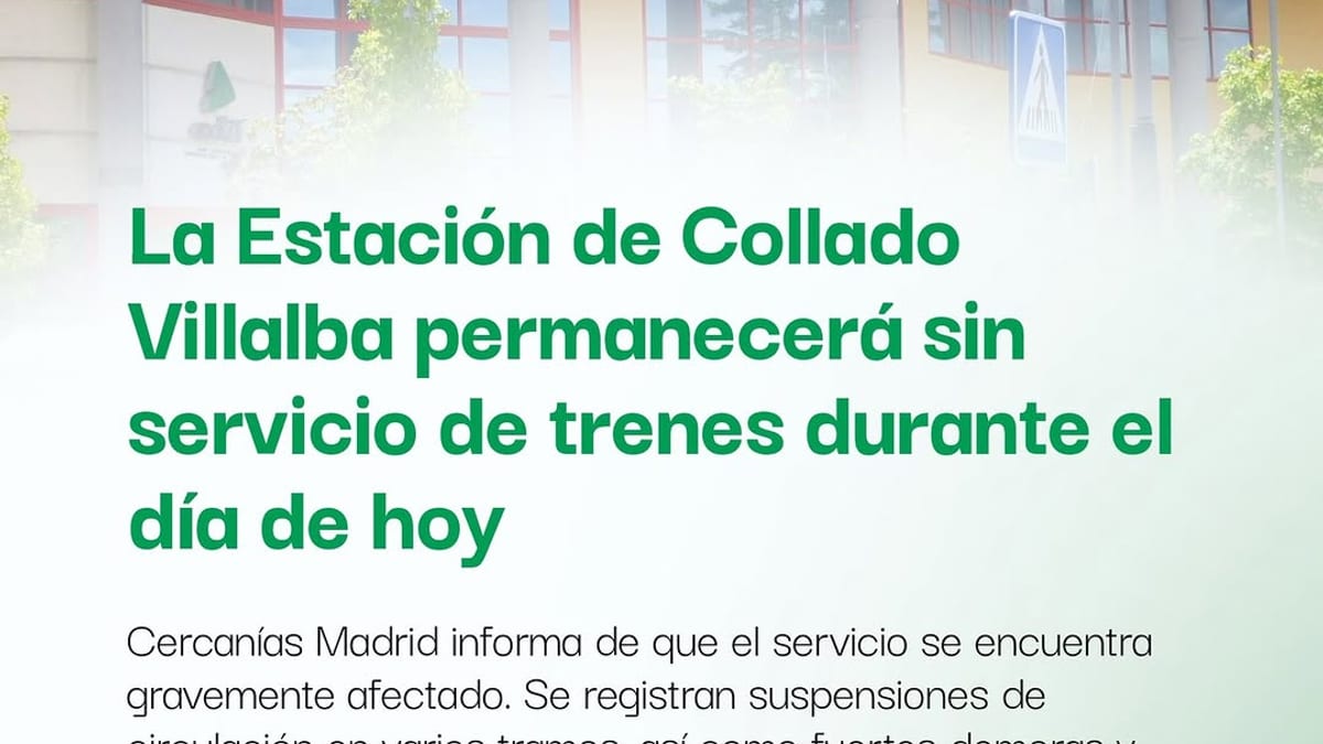Cartel informativo del Ayuntamiento de Collado Villalba sobre la suspensión del servicio de trenes en la estación