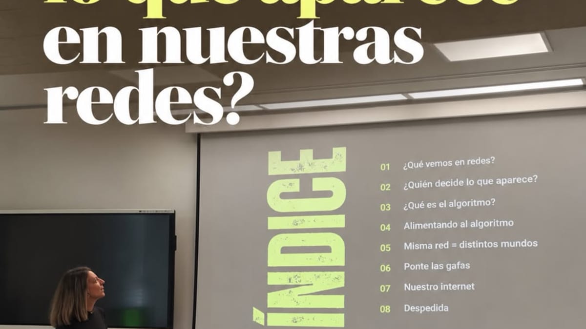 Portada del taller 'El algoritmo soy yo' con índice de contenidos educativos sobre algoritmos y redes sociales