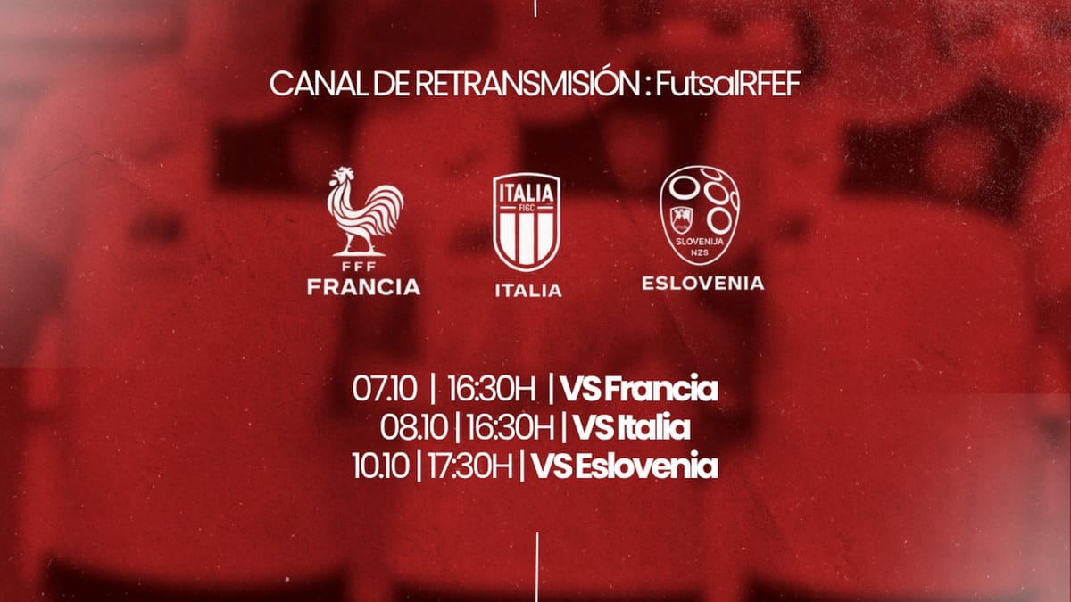 Cartel informativo con los partidos de clasificación a la Eurocopa 2027: España vs Francia, Italia y Eslovenia