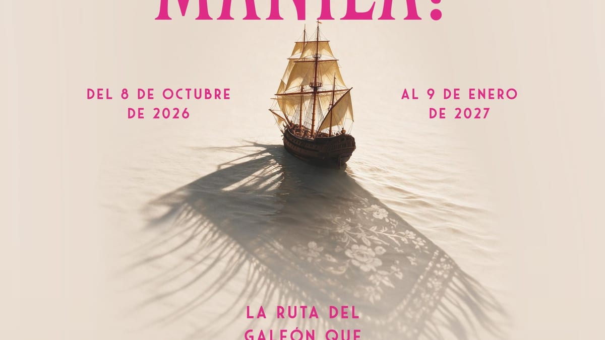 Cartel de la exposición ¿Dónde vas con mantón de Manila? con el título y fechas de la muestra en la Casa de Iberoamérica de Cádiz