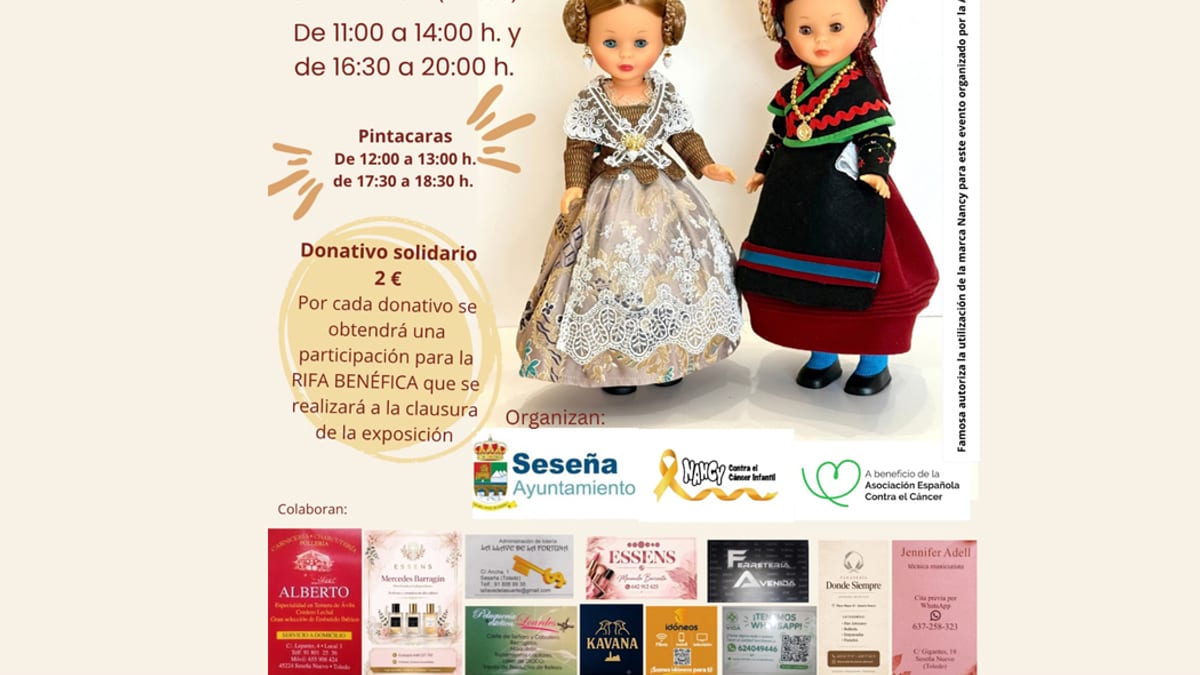 Cartel de la exposición solidaria de muñecas Nancy en Seseña Nuevo del 17 de octubre, organizado por la Asociación Nancy Contra el Cáncer Infantil