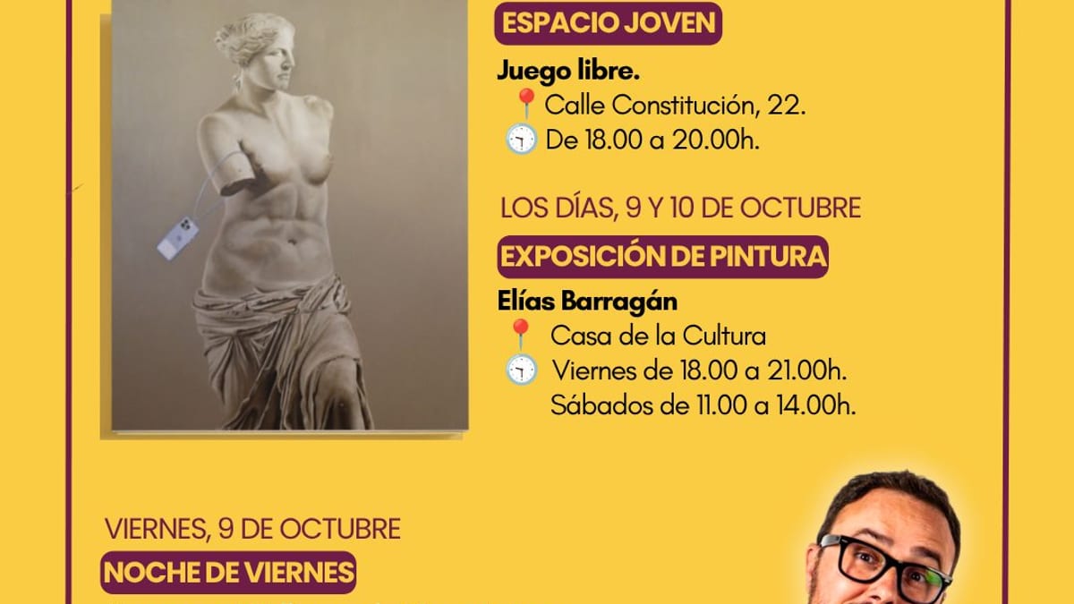 Cartel de programación cultural de Navalcarnero con actividades del 9 al 12 de octubre: exposición de pintura, monólogo teatral y concierto de la Banda Municipal