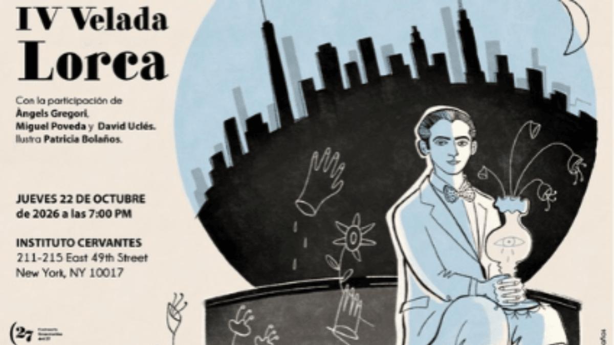 Cartel promocional de la IV Velada Lorca en la Feria del Libro de Nueva York 2026, con la participación de Ángels Gregori, Miquel Poveda y David Uclés
