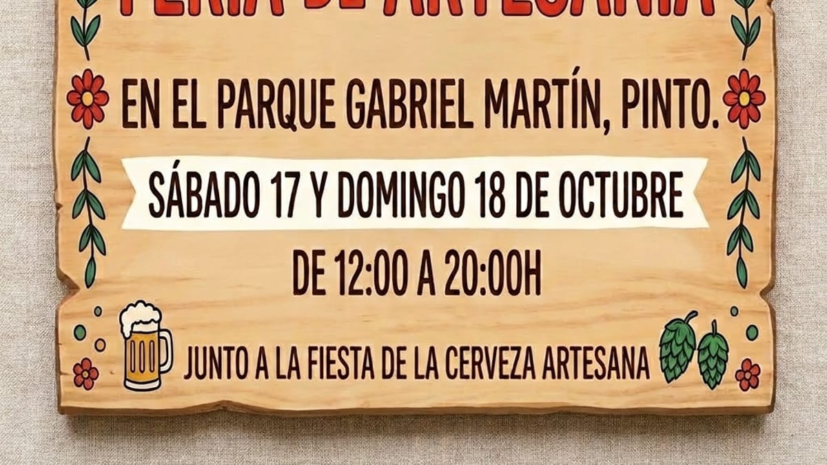 Cartel de la Feria de Artesanía en Pinto, sábado 17 y domingo 18 de octubre de 12:00 a 20:00 horas en el Parque Gabriel Martín