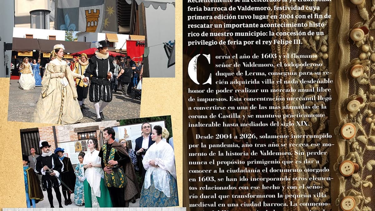 Portada del artículo 'La Feria Barroca: una fiesta consolidada' de la revista Quinval, con información sobre el privilegio de mercado de Valdemoro de 1603 y documento histórico de la época