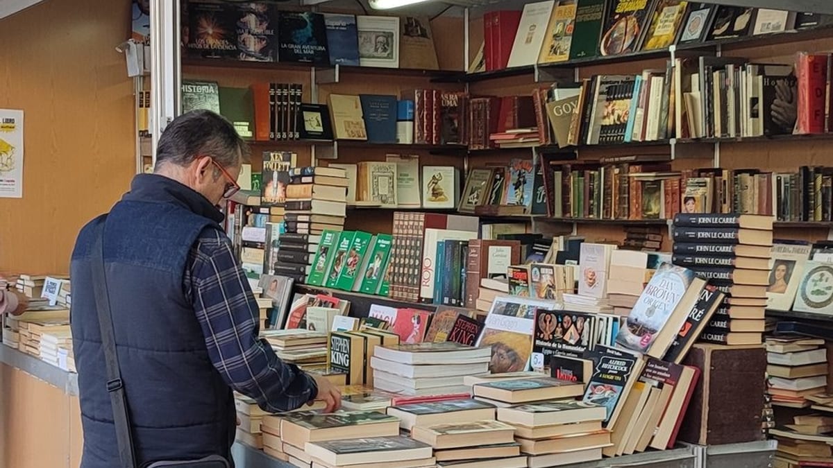 Persona examinando libros antiguos en la Feria del Libro Antiguo y de Ocasión de Logroño