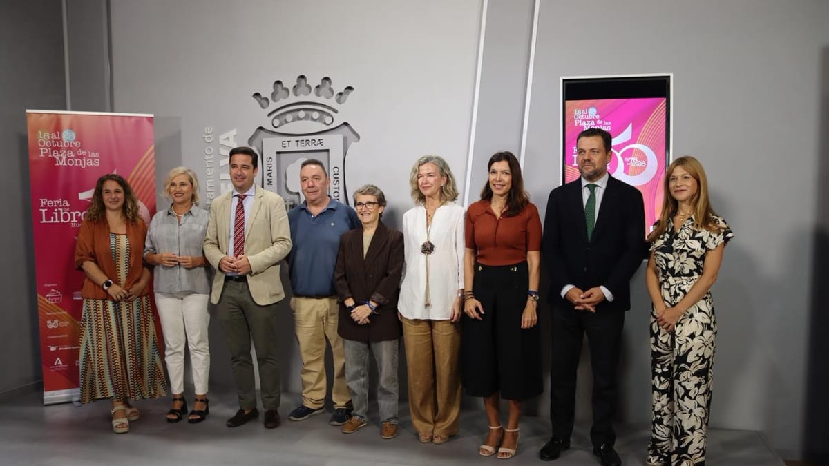 Cartel promocional de la Feria del Libro de Huelva 50 aniversario, del 16 al 25 de octubre en la Plaza de las Monjas