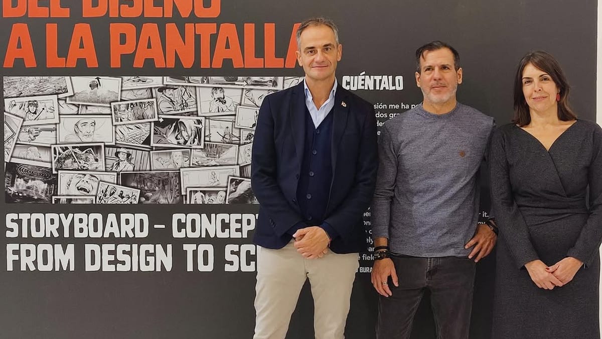 Cartel de la exposición 'Del diseño a la pantalla' del Festival de Narrativas Cuéntalo de Logroño, mostrando el proceso creativo de storyboard a pantalla